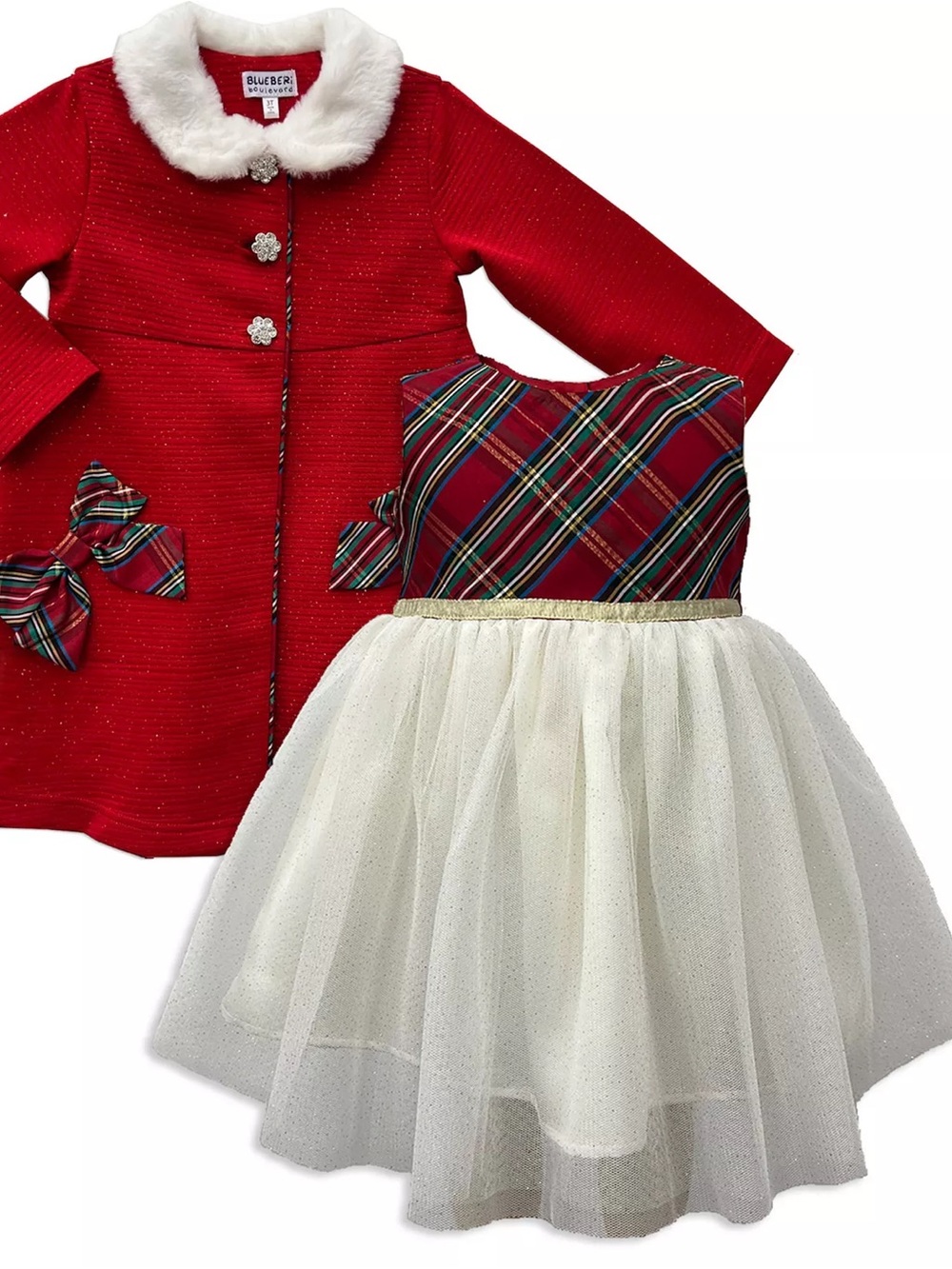 Blueberi Boulevard Red Plaid & Ivory Tulle Holiday Coat and Dress Set - 18M